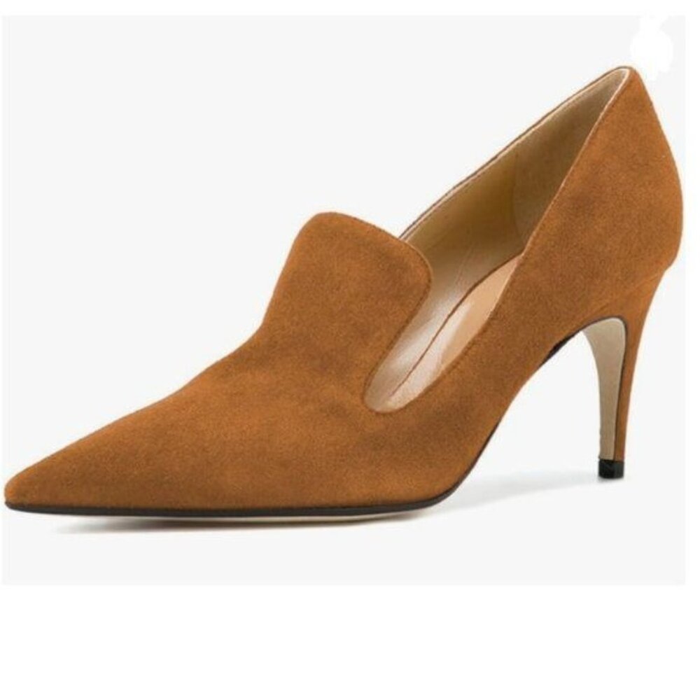 YDN Brown Stilettos Heels Slip on Loafer Pumps Pointy Toe Slide Suede Prom Shoes